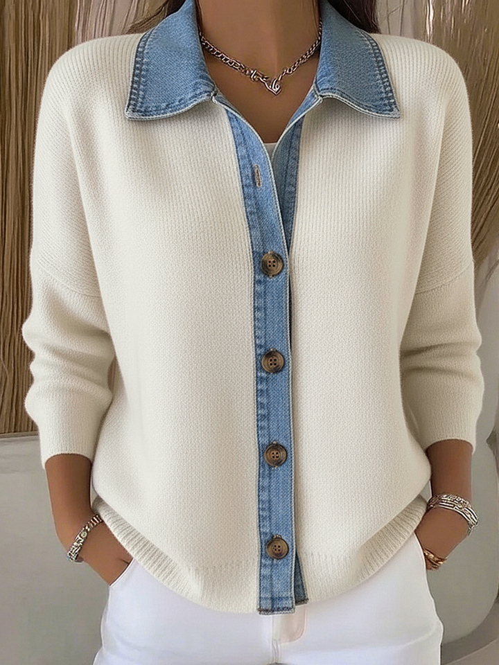 Dulce | Cardigan en tricot avec col polo et patchs en denim, avec boutons