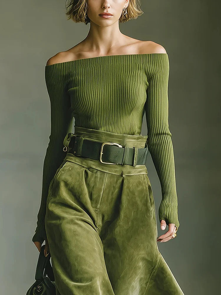 Diana | Ensemble top off-shoulder vert olive et jupe en daim (avec ceinture)