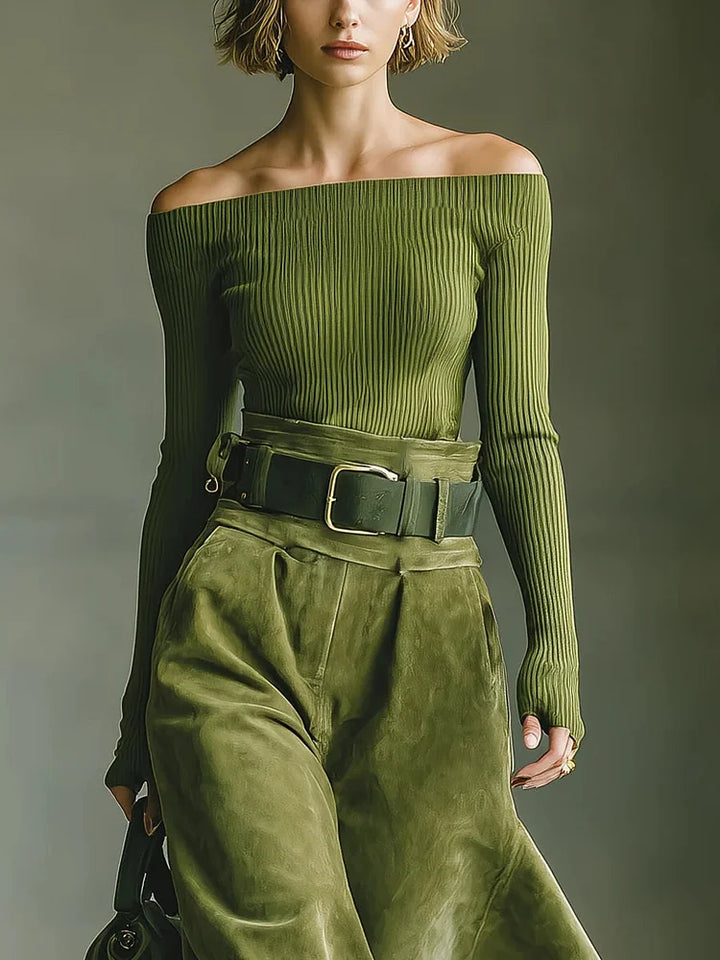 Diana | Ensemble top off-shoulder vert olive et jupe en daim (avec ceinture)
