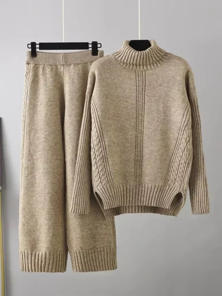 Scarlett | Ensemble de Pull Tricoté à Col Montant Chic et Pantalons Amples