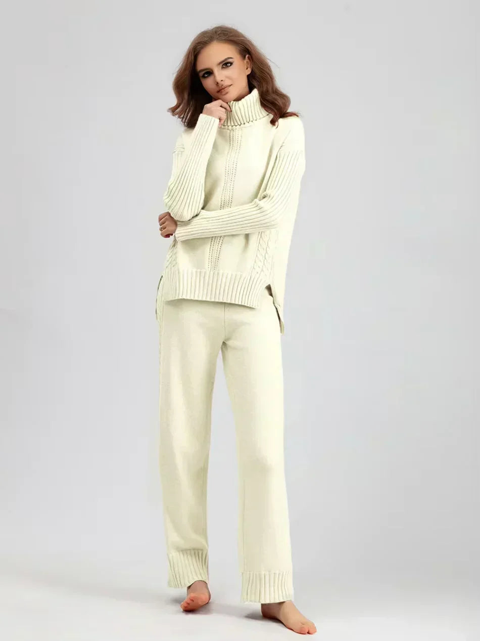 Scarlett | Ensemble de Pull Tricoté à Col Montant Chic et Pantalons Amples