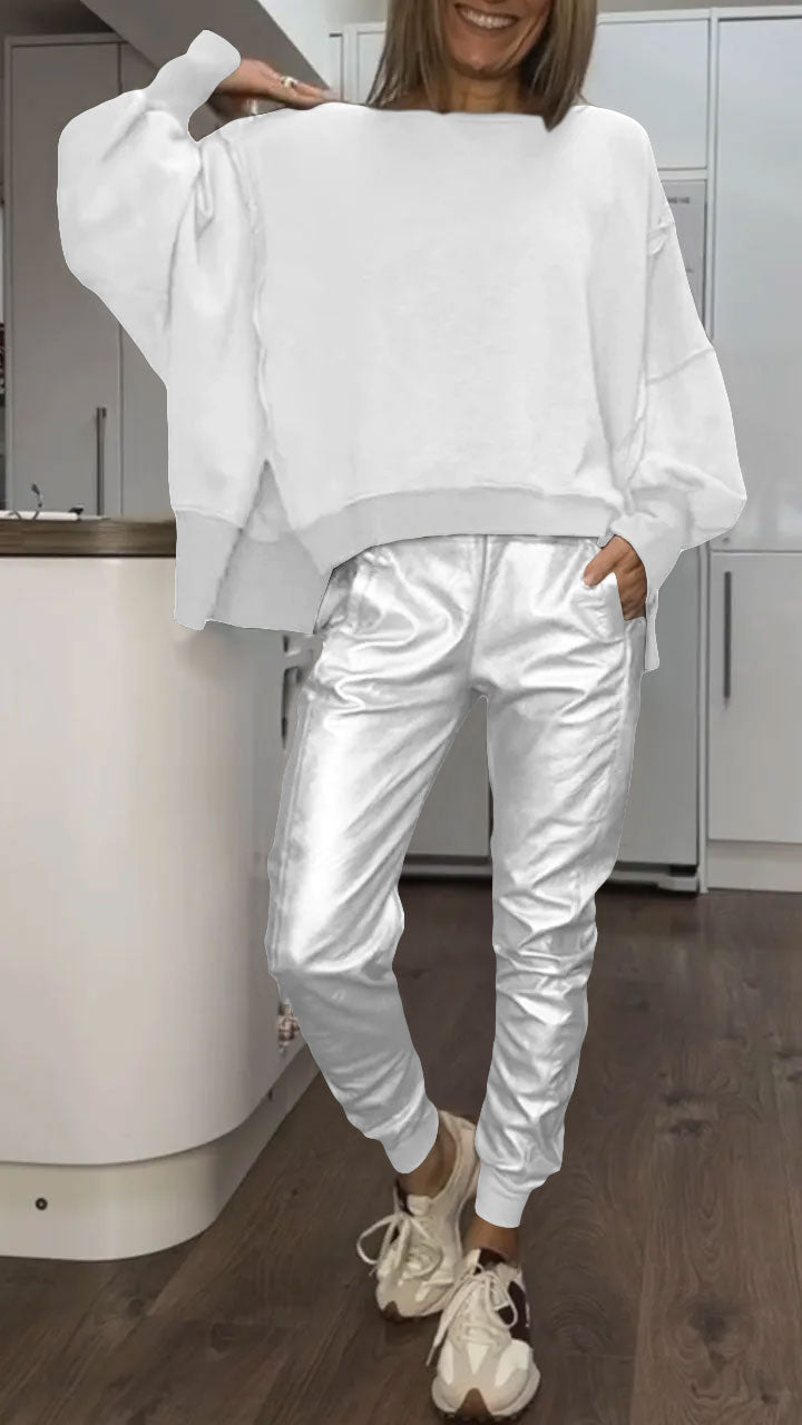 Lena | Ensemble Décontracté avec Col Rond pour Femme + Pantalons en Cuir