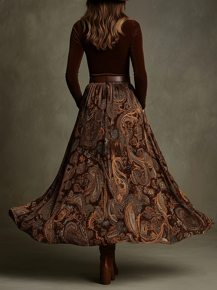 Mariana | Ensemble top en velours stretch vintage et jupe maxi paisley avec ceinture