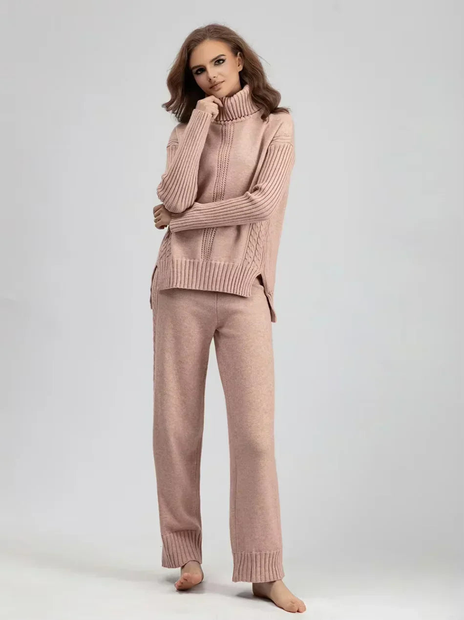 Scarlett | Ensemble de Pull Tricoté à Col Montant Chic et Pantalons Amples