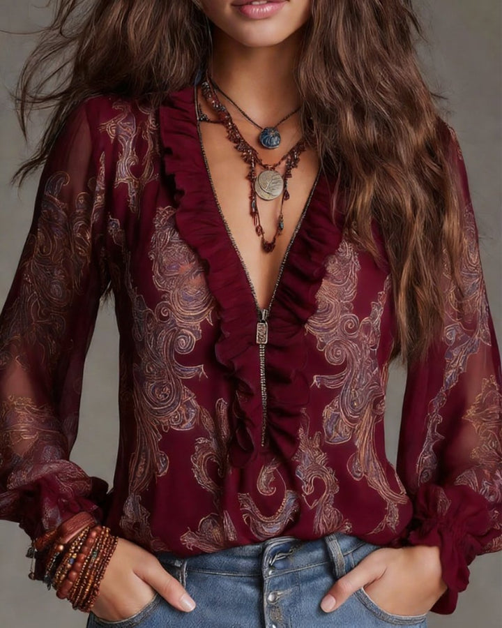 Carmen | Blouse Rétro à Volants à Mi-Zip