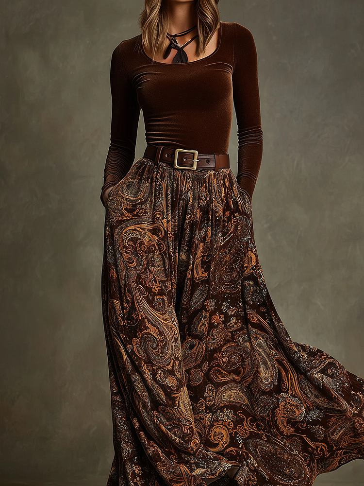 Mariana | Ensemble top en velours stretch vintage et jupe maxi paisley avec ceinture