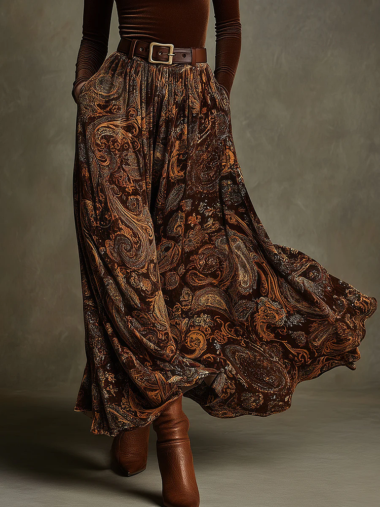 Mariana | Ensemble top en velours stretch vintage et jupe maxi paisley avec ceinture