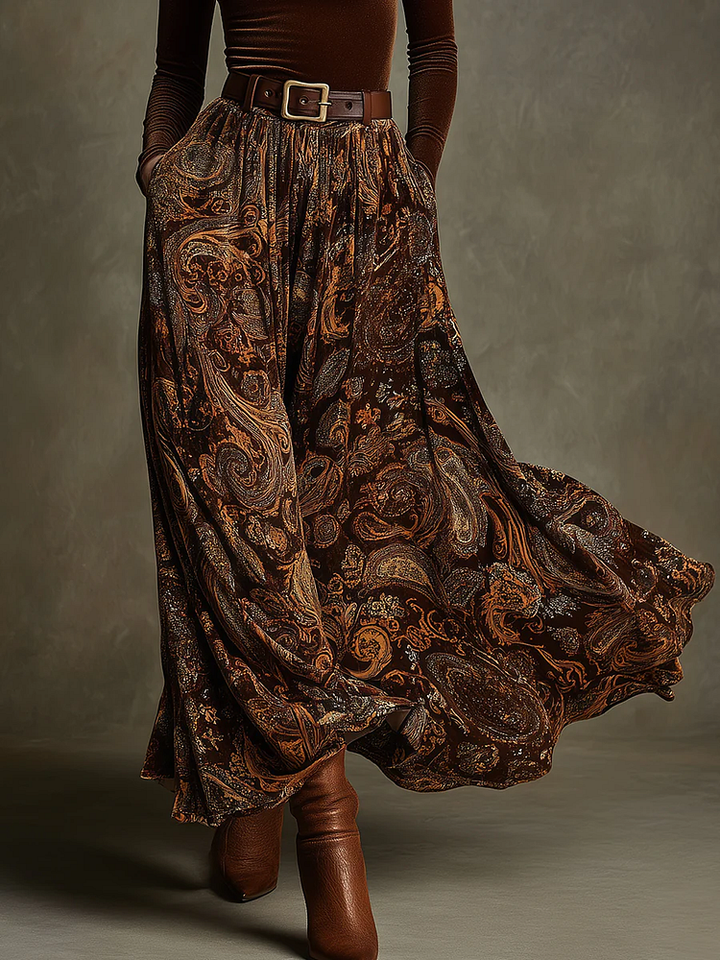 Mariana | Ensemble top en velours stretch vintage et jupe maxi paisley avec ceinture