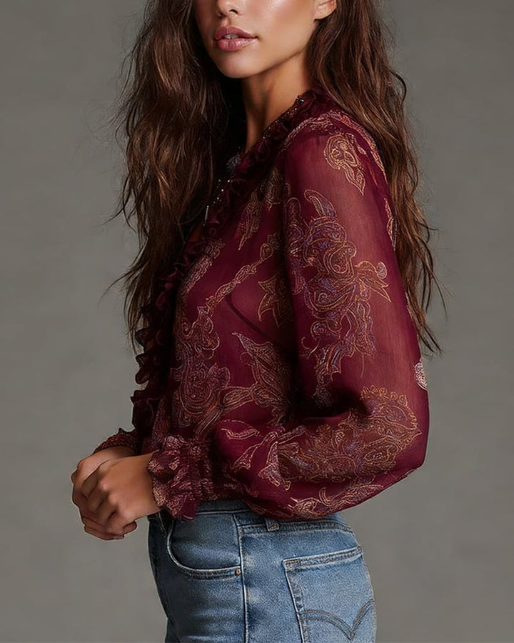 Carmen | Blouse Rétro à Volants à Mi-Zip