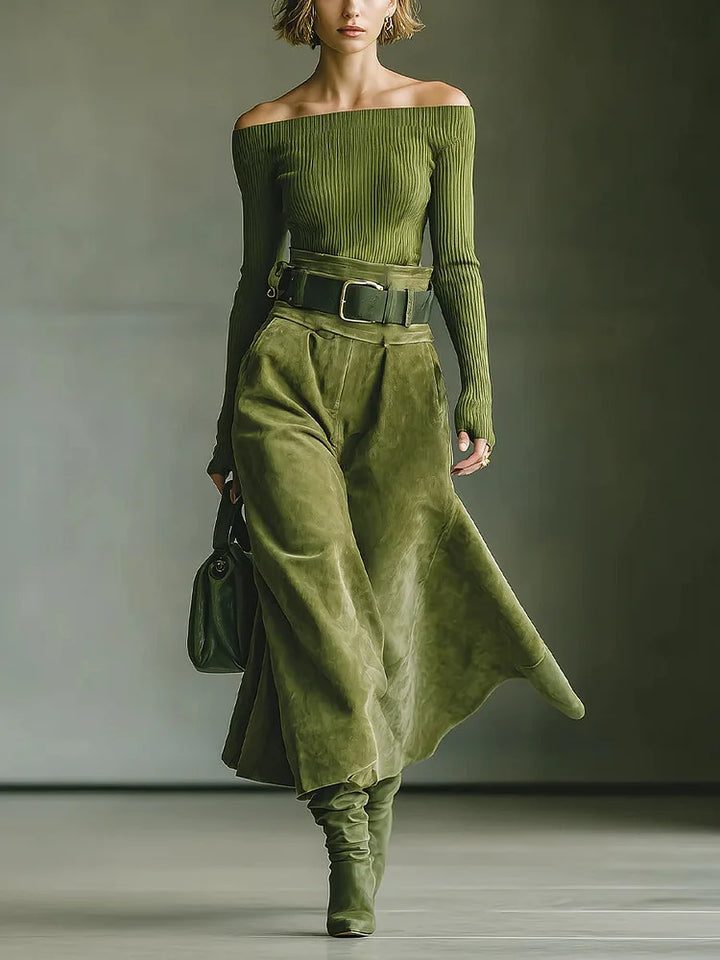 Diana | Ensemble top off-shoulder vert olive et jupe en daim (avec ceinture)
