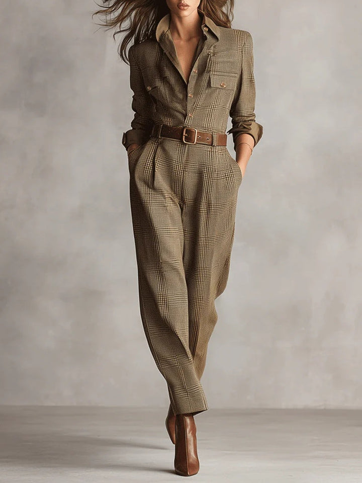 Alessia | Combinaison utilitaire en tweed marron à motif raffiné