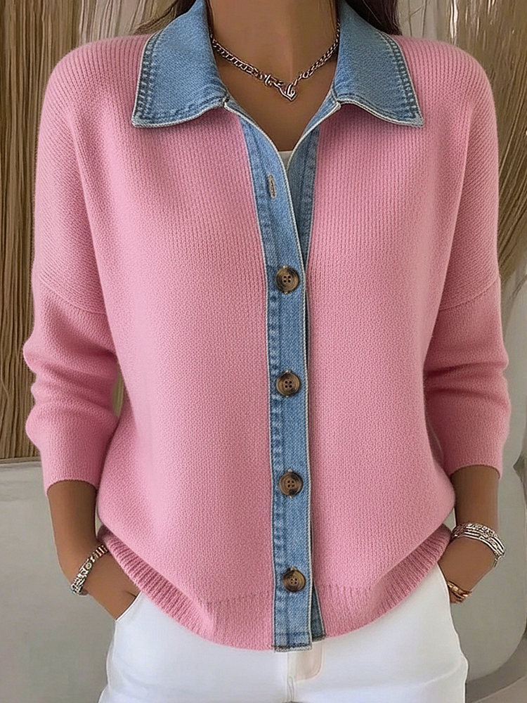Dulce | Cardigan en tricot avec col polo et patchs en denim, avec boutons