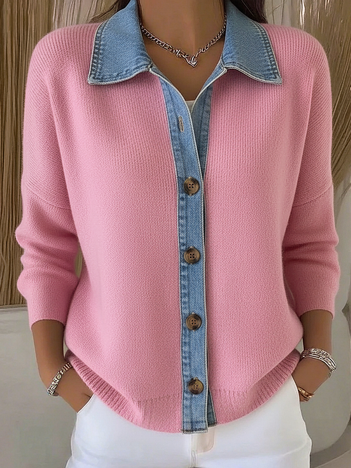 Dulce | Cardigan en tricot avec col polo et patchs en denim, avec boutons