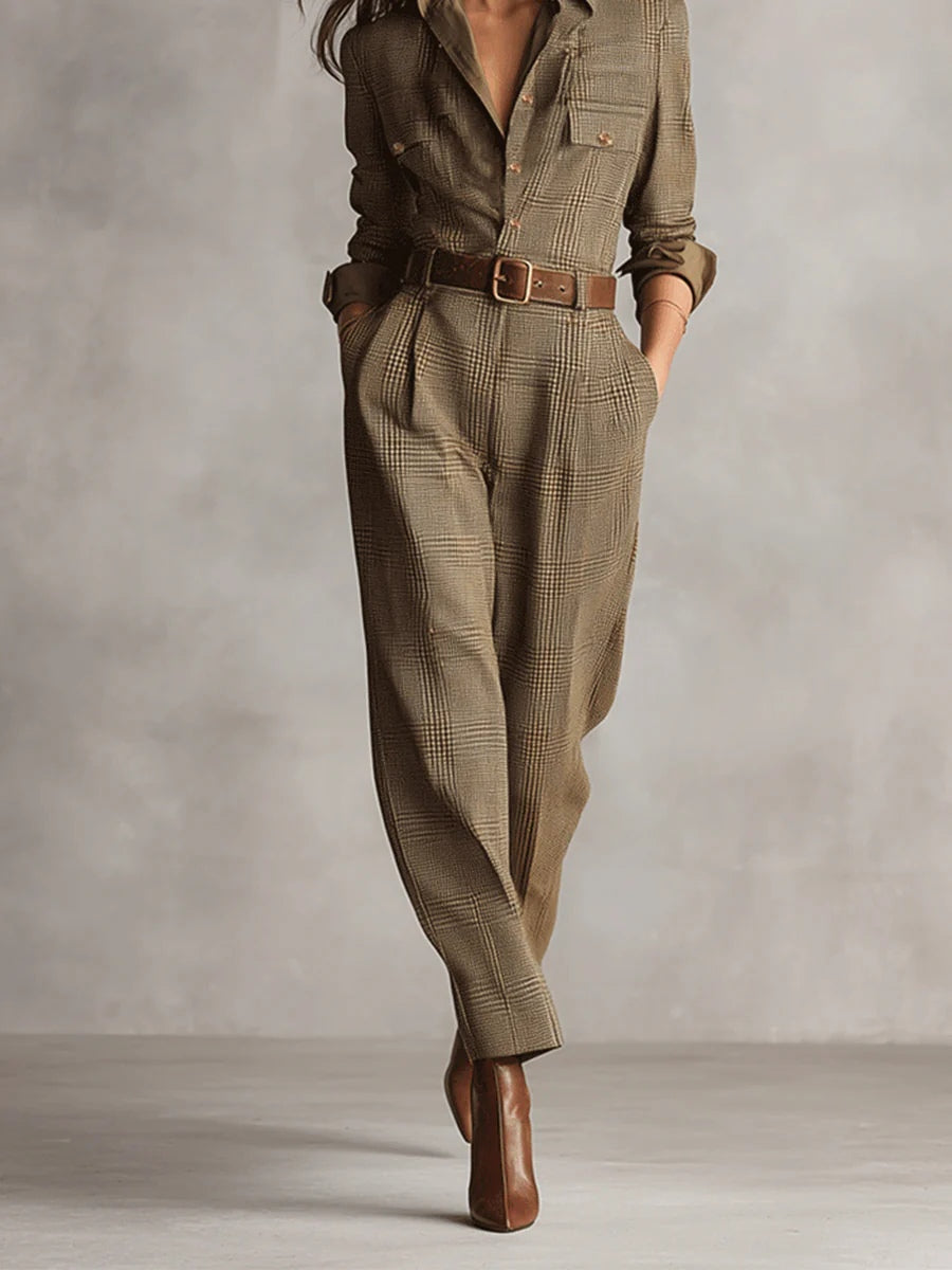 Alessia | Combinaison utilitaire en tweed marron à motif raffiné