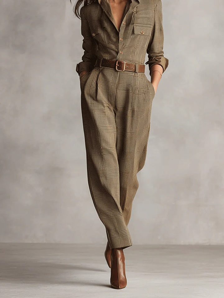 Alessia | Combinaison utilitaire en tweed marron à motif raffiné
