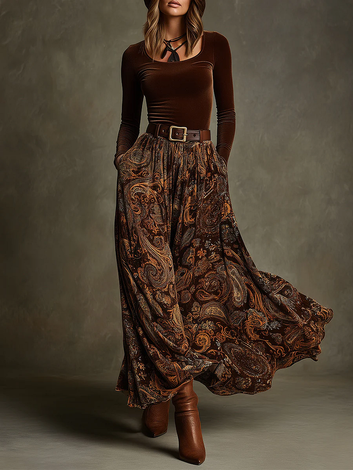 Mariana | Ensemble top en velours stretch vintage et jupe maxi paisley avec ceinture