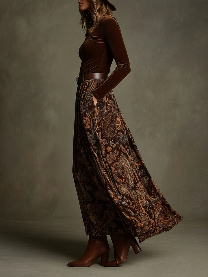 Mariana | Ensemble top en velours stretch vintage et jupe maxi paisley avec ceinture