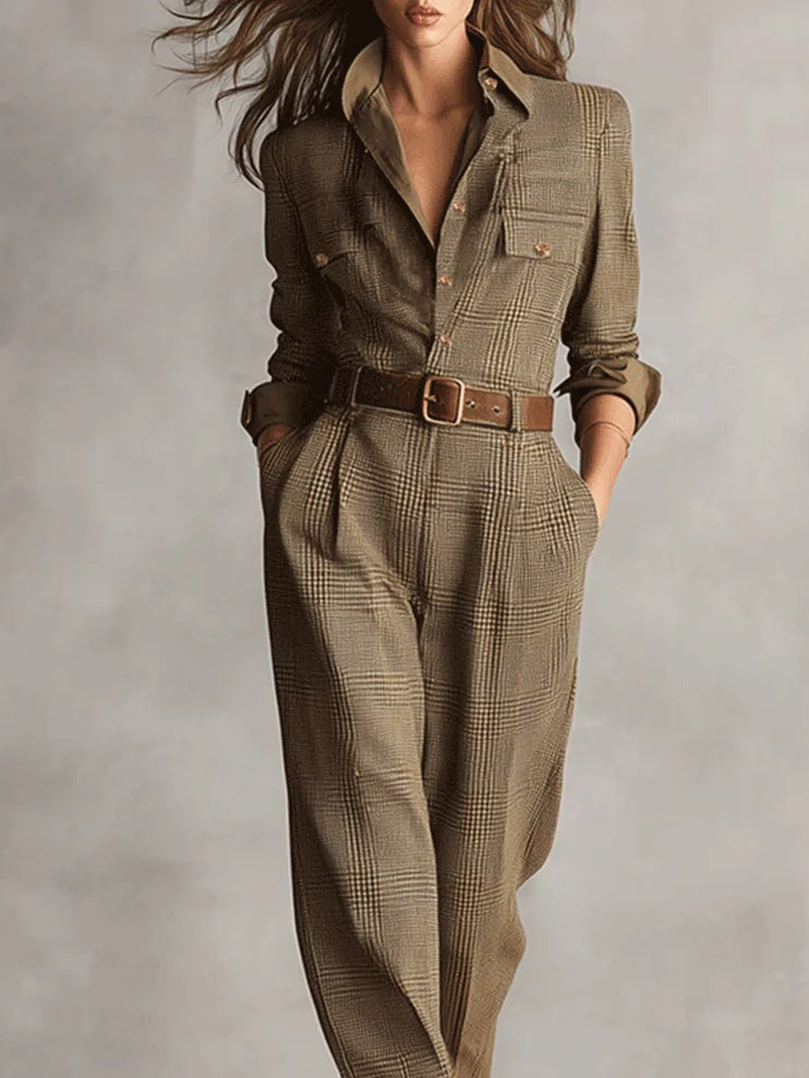 Alessia | Combinaison utilitaire en tweed marron à motif raffiné