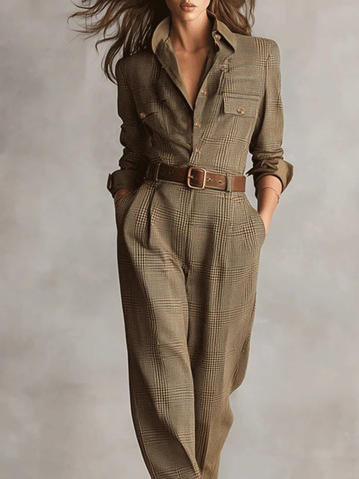 Alessia | Combinaison utilitaire en tweed marron à motif raffiné