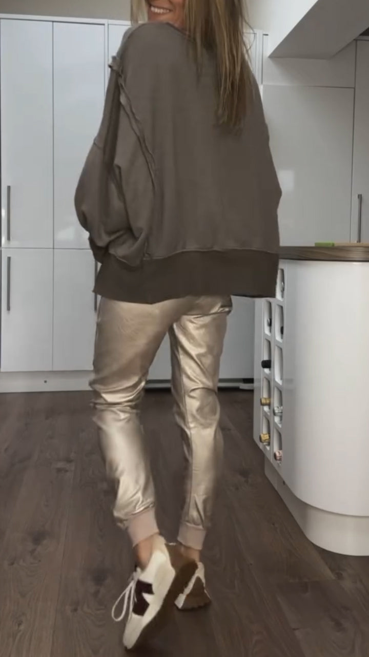 Lena | Ensemble Décontracté avec Col Rond pour Femme + Pantalons en Cuir