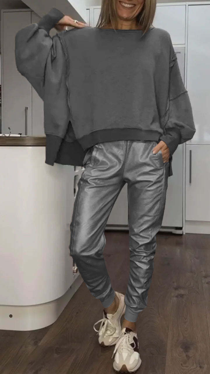 Lena | Ensemble Décontracté avec Col Rond pour Femme + Pantalons en Cuir