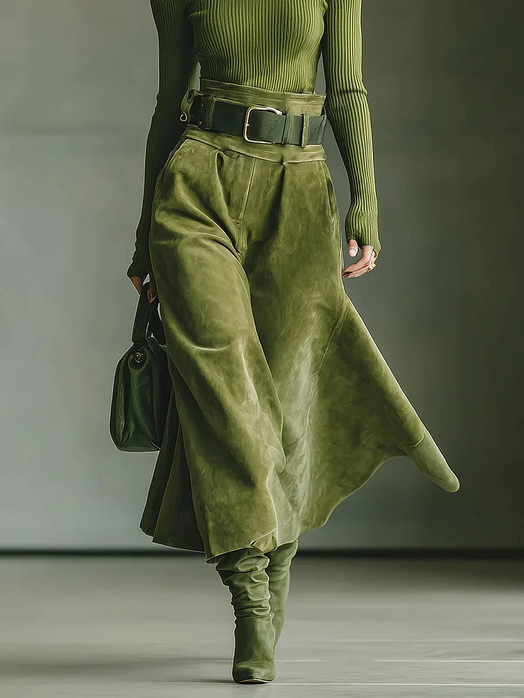 Diana | Ensemble top off-shoulder vert olive et jupe en daim (avec ceinture)
