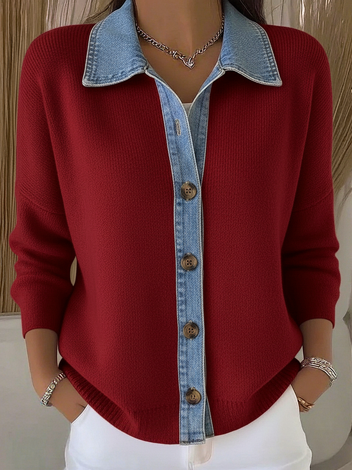 Dulce | Cardigan en tricot avec col polo et patchs en denim, avec boutons