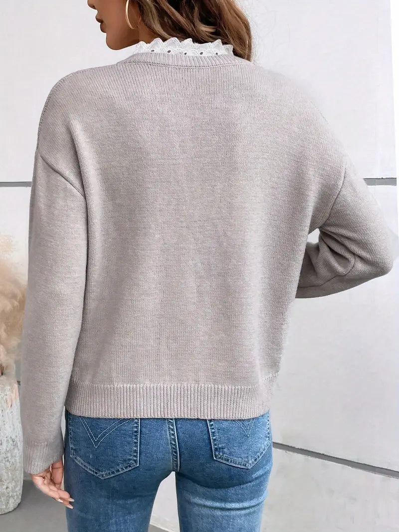 Céline | Pull Tricoté Chic avec Col en Dentelle Élégante