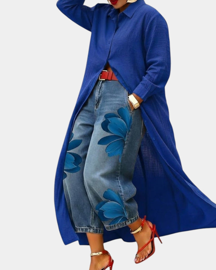 Céliane | Ensemble complet avec robe et pantalon en denim large