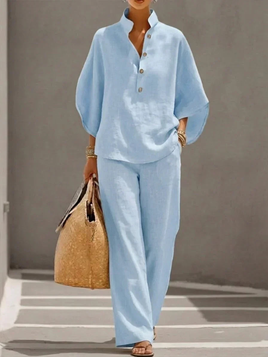 Maribel | Ensemble en lin à manches chauve-souris et pantalon ample