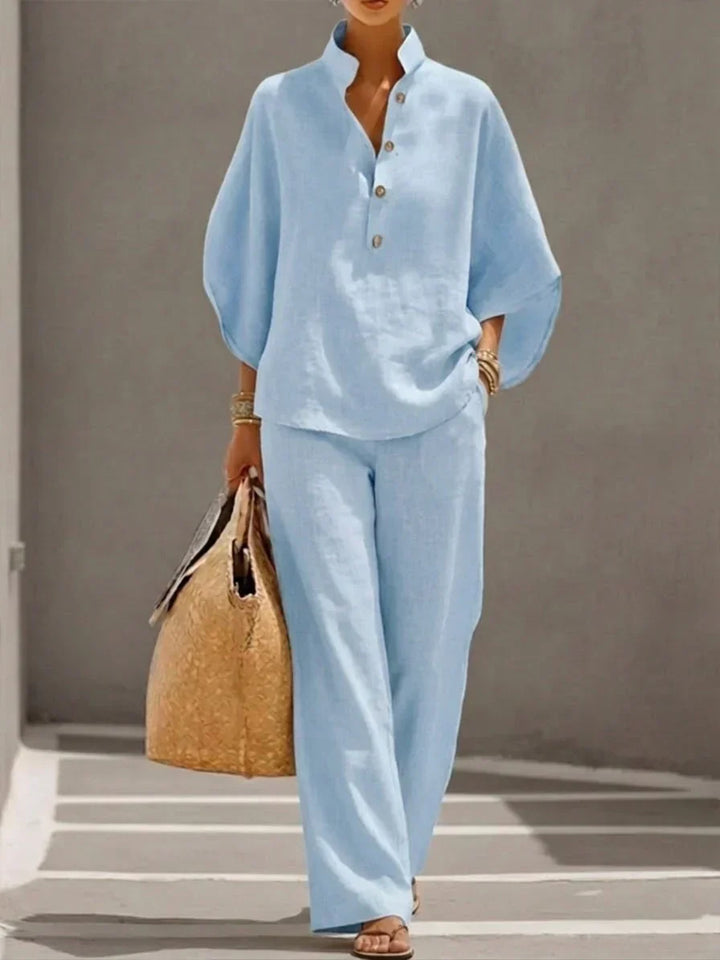 Maribel | Ensemble en lin à manches chauve-souris et pantalon ample