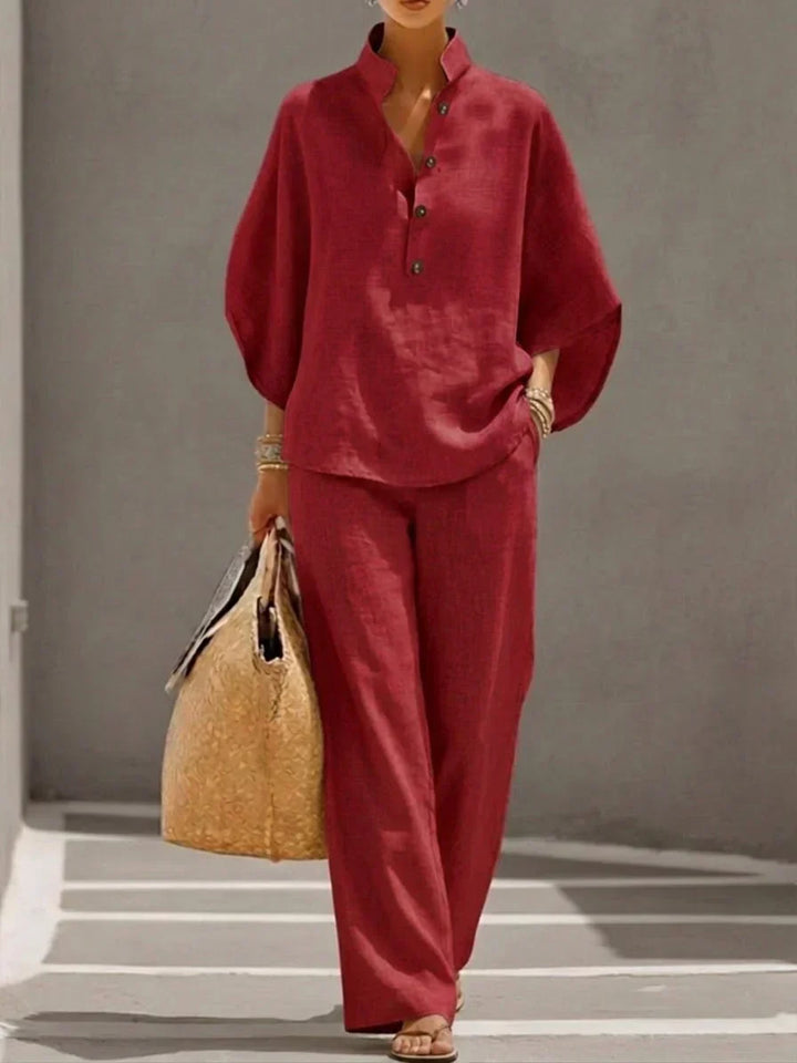 Maribel | Ensemble en lin à manches chauve-souris et pantalon ample
