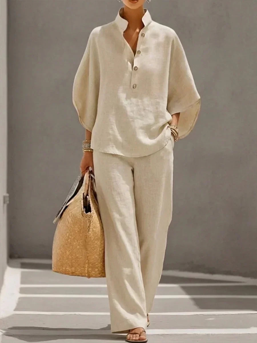 Maribel | Ensemble en lin à manches chauve-souris et pantalon ample