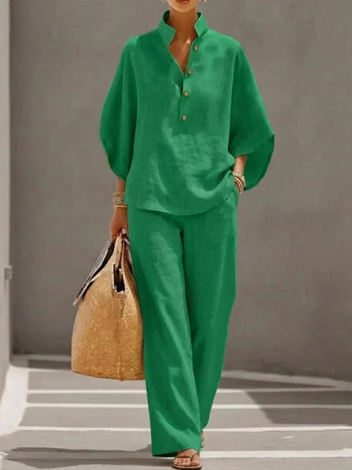 Maribel | Ensemble en lin à manches chauve-souris et pantalon ample