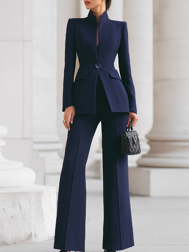 Rita | Costume Bleu Marine avec Blazer à Col Montant et Pantalons à Jambes Larges