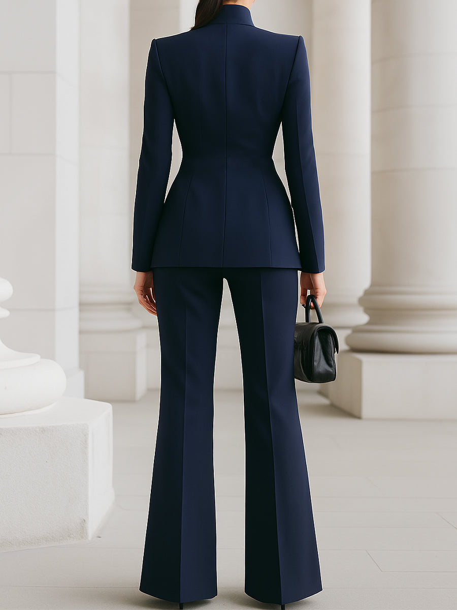 Rita | Costume Bleu Marine avec Blazer à Col Montant et Pantalons à Jambes Larges